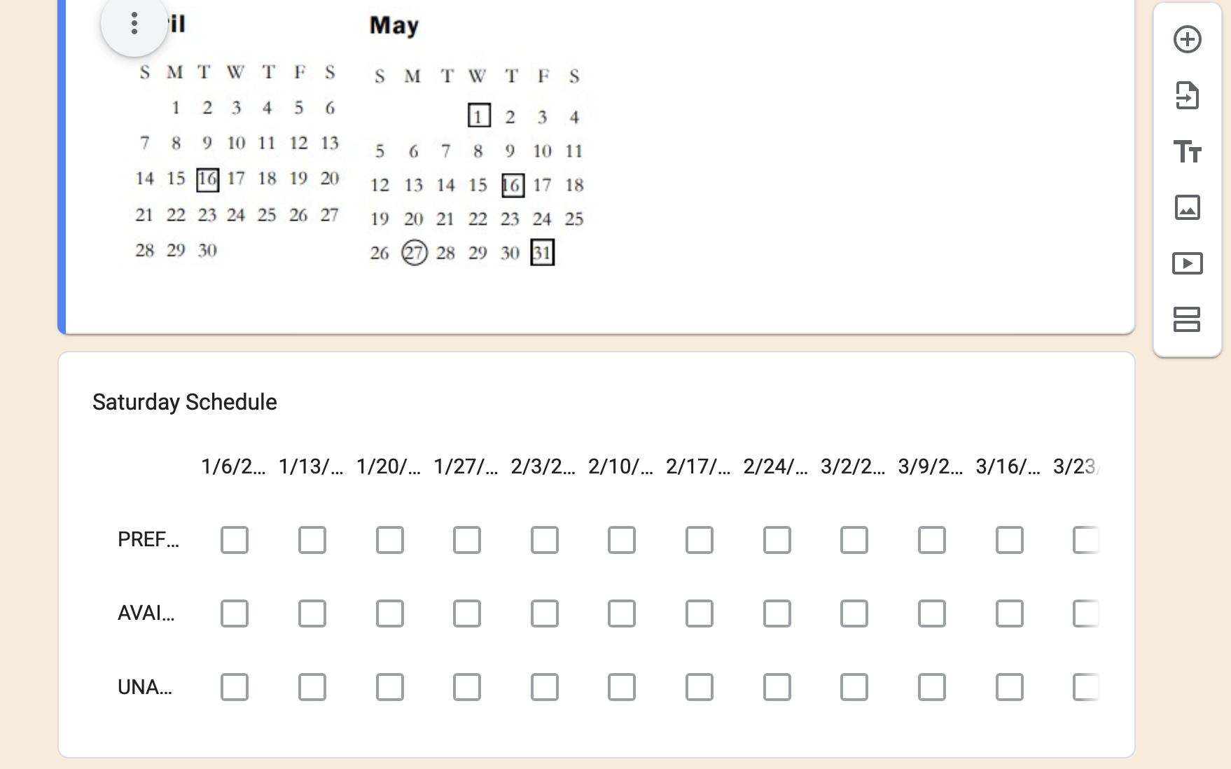 Screenshot from Google Form editor that shows a series of checkboxes for someone to select "PREFERRED" "AVAILABLE" or "UNAVAILABLE" for a series of dates